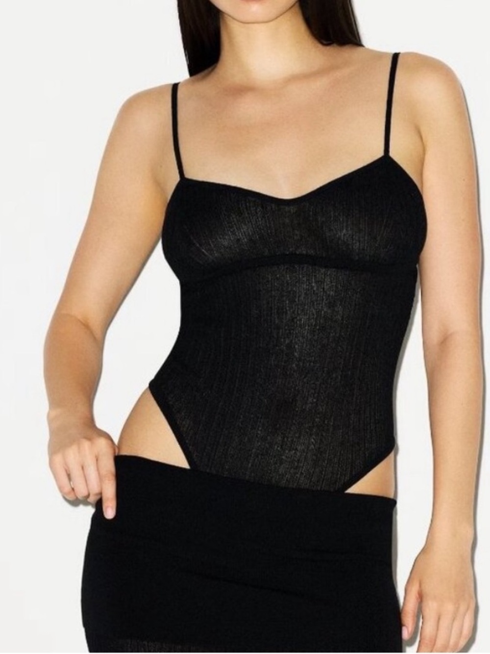 SKIMS SHEER KNIT CAMI BODYSUIT ONYX L